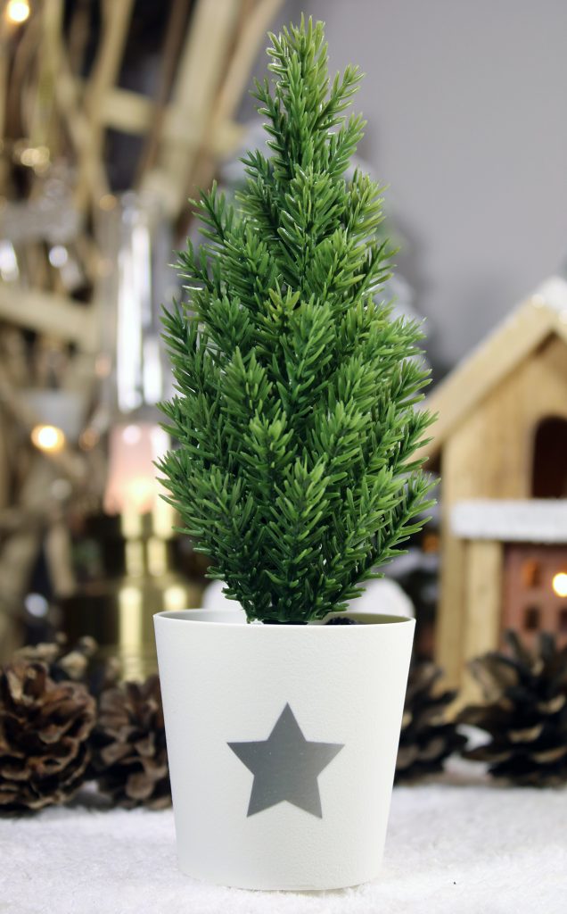 Mini Faux Christmas In White Pot With Star Decal